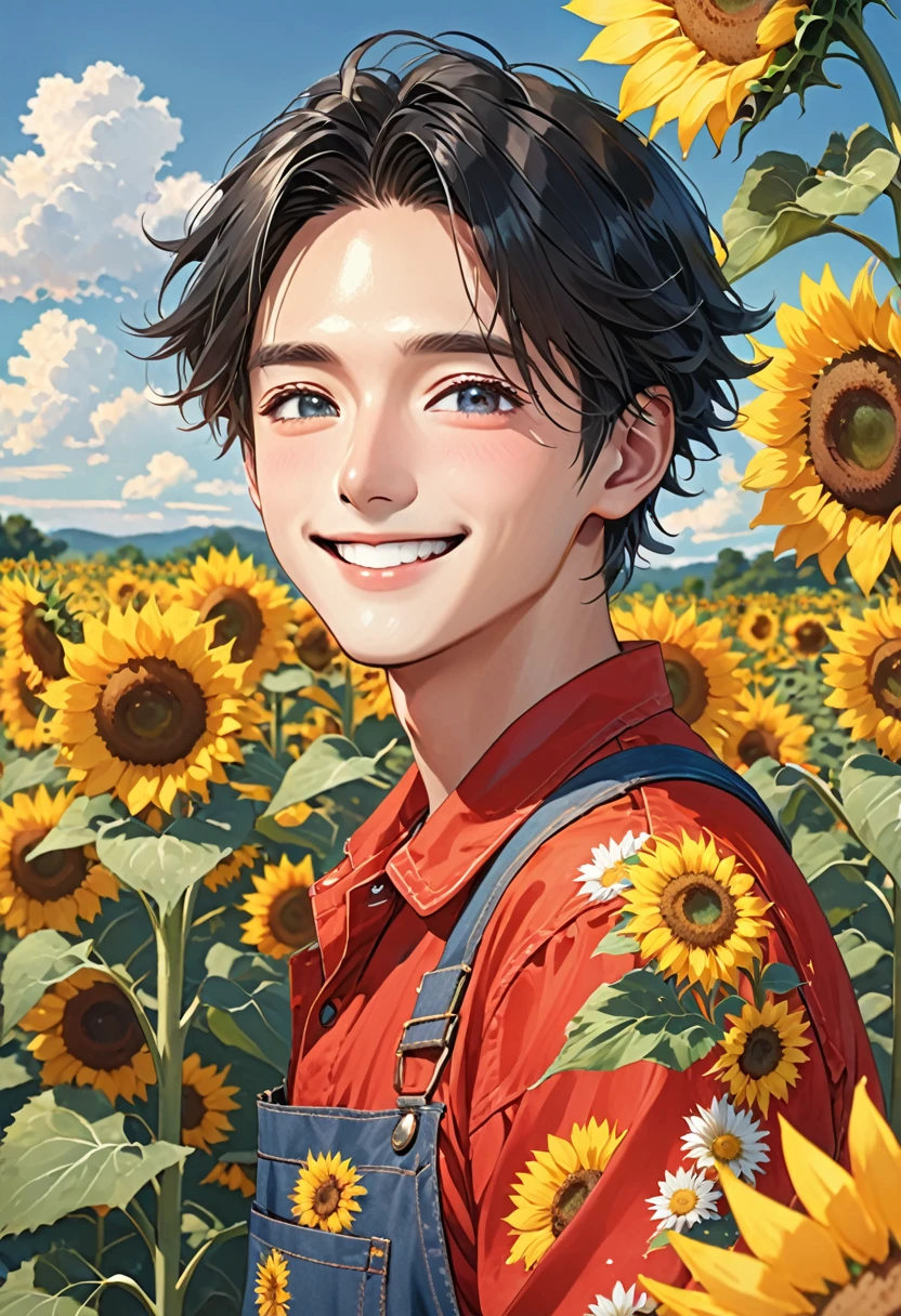 Focus on sunflowers　Man in red overalls（10th Generation　White skin　A kind smile　Black Hair　Forehead　Water the sunflowers）Midsummer　