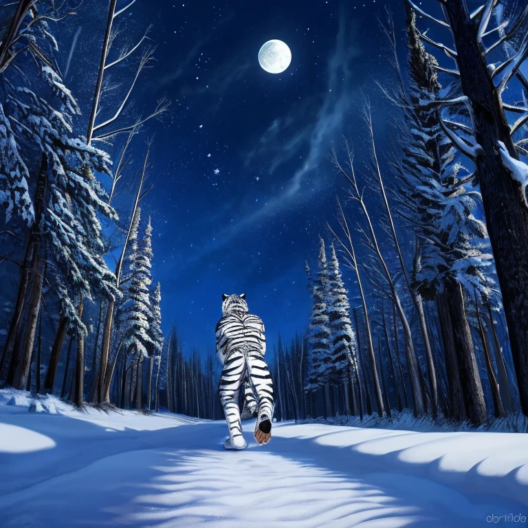 Masterpiece, best  quality, high quality, extensive landscape photography (a view from below showing the sky above and an open forest below), 1White tiger, Solo, Animal, has body fur, Siberian White Tiger, has Blue eyes, walking on the path, Night, Moon and shooting stars on the sky, Snow on the ground, Forest, Trees all around