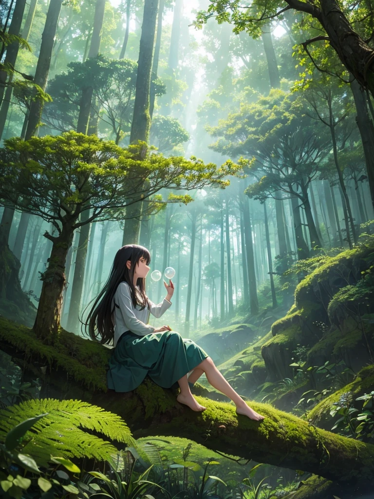 A young girl sitting on a mossy log in a tranquil forest, deep in thought, sunlight filtering softly through the dense canopy, casting dappled light around her, with a dream bubble floating above her head illustrating her imagination of having large luminescent wings and soaring gracefully above the treetops surrounded by birds and a clear blue sky, the scene inside the bubble vibrant and magical in contrast to the calm, earthy tones of the forest, capturing a blend of serenity, wonder, and the longing to break free and explore the skies