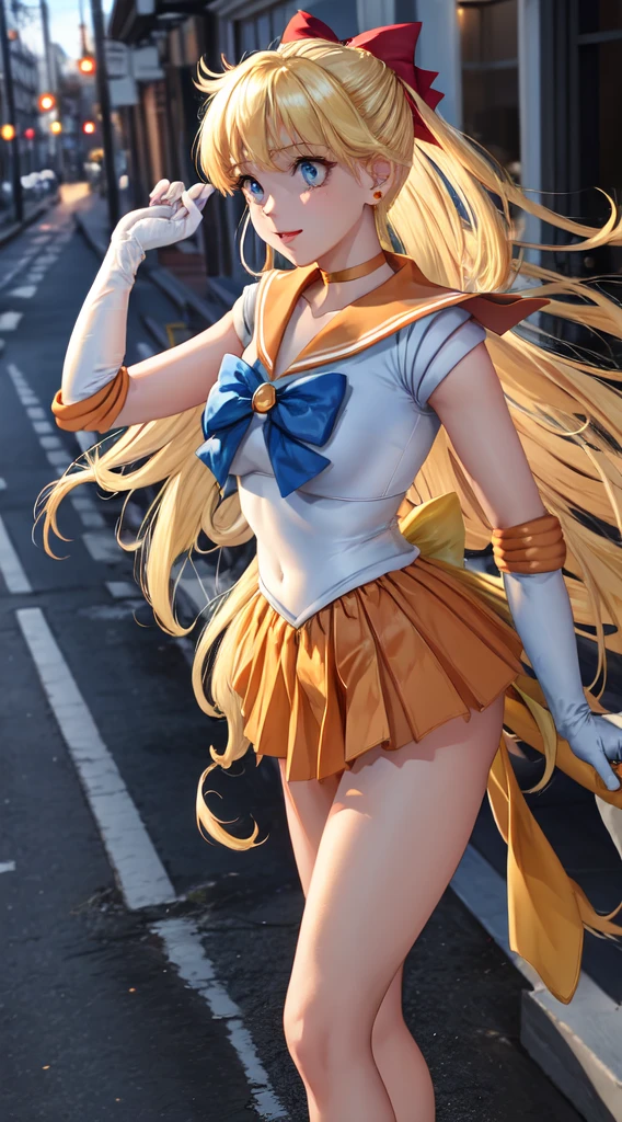 Masterpiece, Best Quality, High Resolution, Venus1, 1Girl, Solo, Sailor Warrior Uniform, Sailor Venus, Minako Aino, Blonde, Magical Girl, Blue Eyes, Orange Skirt, Elbow Gloves, Headgear, Pleated Skirt, Bow, Orange Sailor Collar, Miniskirt, Choker, Red Bow, Orange Choker, White Glove, Extra Long Hair, Jewelry, Earrings, Outdoor, Street, Walking, Front