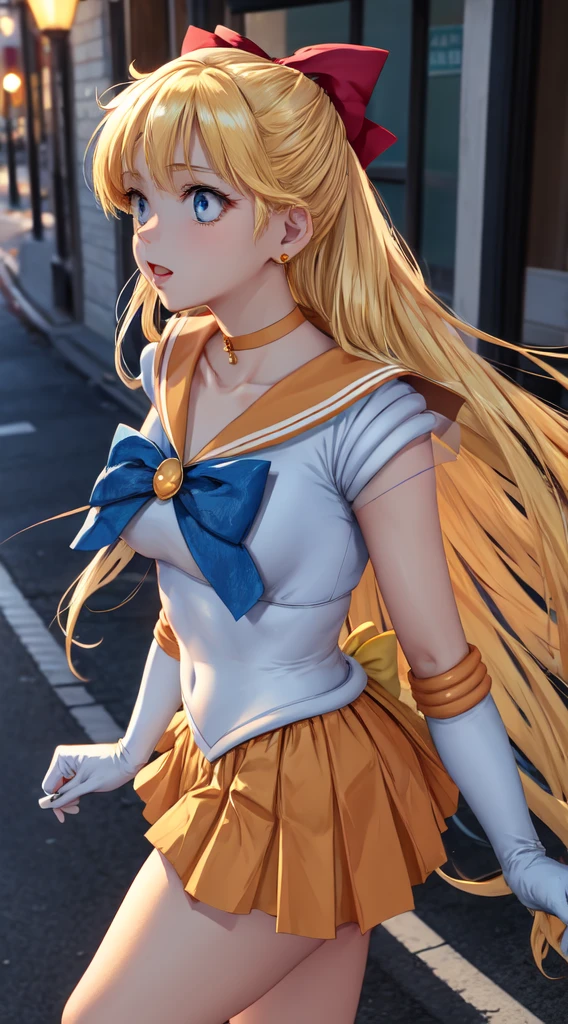 Masterpiece, Best Quality, High Resolution, Venus1, 1Girl, Solo, Sailor Warrior Uniform, Sailor Venus, Minako Aino, Blonde, Magical Girl, Blue Eyes, Orange Skirt, Elbow Gloves, Headgear, Pleated Skirt, Bow, Orange Sailor Collar, Miniskirt, Choker, Red Bow, Orange Choker, White Glove, Extra Long Hair, Jewelry, Earrings, Outdoor, Street, Walking, Front