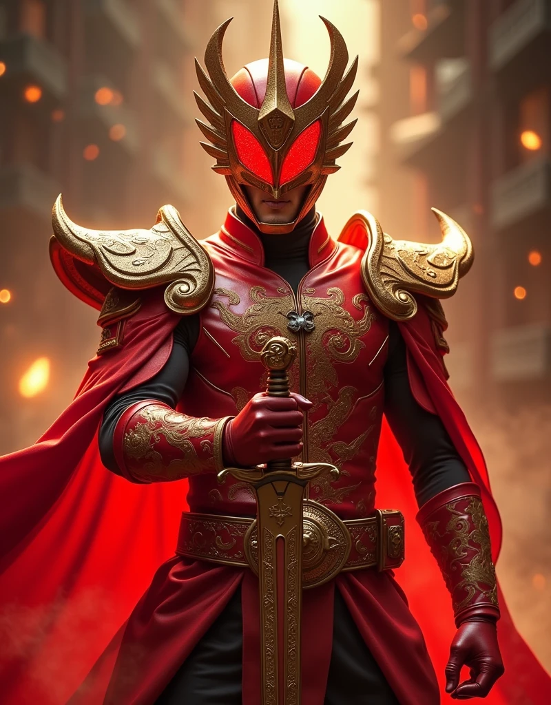 High definition image quality, 8k photo, (intricate details: 1.2), cinematic lighting, there is a man in a red and gold costume holding a sword, tokusatsu, the red ninja, kamen rider character, fujin, mk ninja, power ranger, toei, the seventh secret power ranger, kamen rider, inspired by Yasutomo Oka, ninja, hidetaka tenjin, inspired by Ryūsei Kishida, , , , , --q1, DSLR --v6 --s2
