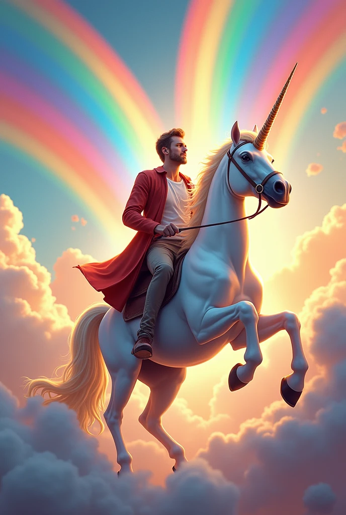Male riding unicorn with alot alot alot of rainbows