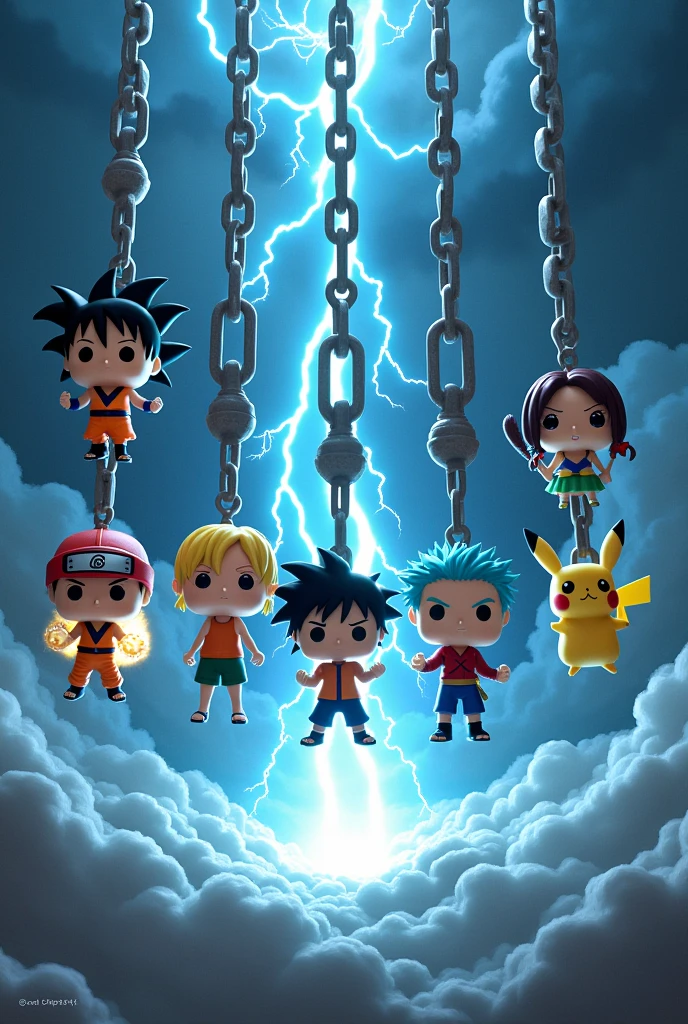 In a dark, stormy sky, seven iconic anime characters, reimagined as Funko Pop figures, dangle from massive, electrified chains that crackle with energy. Each chain suspends a hero: Goku, his Super Saiyan aura glowing fiercely; Naruto, surrounded by swirling chakra; Luffy, with his arm stretched out mid-punch; Sailor Moon, bathed in a celestial light; Vegeta, radiating pride and power; Levi Ackerman, poised with deadly precision; and Pikachu, sparking with raw electricity. Below them, a swirling vortex of clouds and lightning highlights their epic presence, making each character appear larger than life, as if they are battling against the very forces of nature itself. The scene is charged with intensity, creating an epic visual that captures the raw power and legendary status of these beloved anime icons.