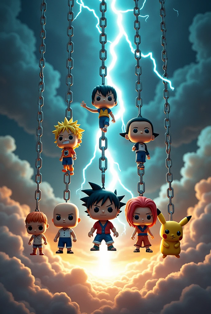 In a dark, stormy sky, seven iconic anime characters, reimagined as Funko Pop figures, dangle from massive, electrified chains that crackle with energy. Each chain suspends a hero: Goku, his Super Saiyan aura glowing fiercely; Naruto, surrounded by swirling chakra; Luffy, with his arm stretched out mid-punch; Sailor Moon, bathed in a celestial light; Vegeta, radiating pride and power; Levi Ackerman, poised with deadly precision; and Pikachu, sparking with raw electricity. Below them, a swirling vortex of clouds and lightning highlights their epic presence, making each character appear larger than life, as if they are battling against the very forces of nature itself. The scene is charged with intensity, creating an epic visual that captures the raw power and legendary status of these beloved anime icons.
