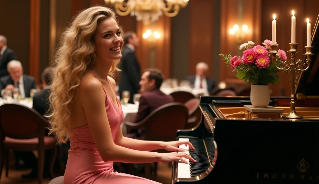 In a luxurious high-end steakhouse,There is a player grand piano with wooden accents and ornate chandeliers,A combination of candlesticks and a pot of multi-colored flowers is placed on the piano。Customers enjoying delicious food,Waiters shuttle among them。A young female pianist is playing jazz,light smile,She has long blond curly hair,There is a sea on the forehead,She is wearing a pink spaghetti strap evening gown,The surrounding air is filled with warm, cinematic tones,Shallow and deep field blurs elegantly compose images,Perfectly capturing the sophisticated ambience of this high-end dining venue。