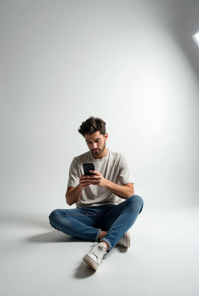 A young man sit in the light studio and in man hand a mobile and background is insta studio