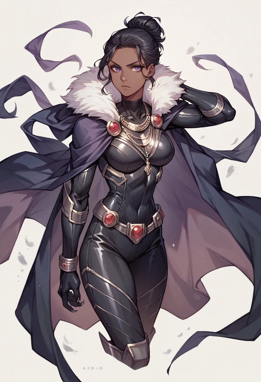 1 woman, beautiful, dark skin, superhero, black panther, updo black hair, metallic necklace, dark violet cape, white fur collar, black costume with silver lines, claws, black gloves and boots,