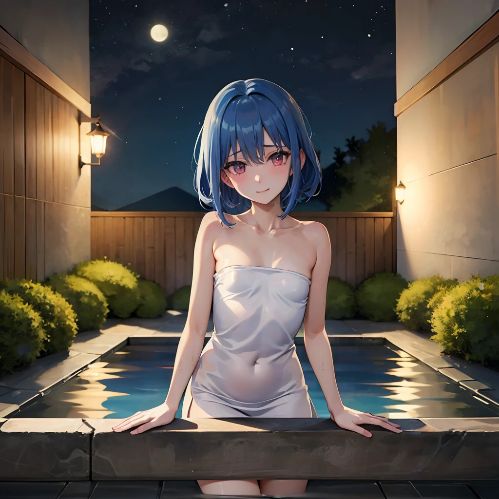 2D, masterpiece, Highest quality, anime, Very detailed, One Girl、Small breasts、Blue Hair、Shy laugh、semi-long、Side Tail、Naked with a wet towel、Open-air bath、Moonlit Night、Chest