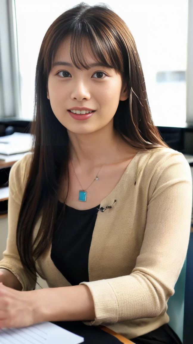 (top-quality, 16K, ​masterpiece:1.3), (ultra detailed), (masterpiece), (best quality), Highest quality, Realistic, Surreal, Highest quality, Extremely detailed CG, Very delicate, 16K wallpaper, High resolution, A woman in a management position at a prestigious company, 3, beautiful woman, ((orgasm:1.5)), ((ecstasy:1.5)), (mole under eye), ((UNTITLED business suit:1.2)), ((Very simple necklace)), With a large window Japanese office, ((Working at desk:1.5)), Japanese, slender body, very detailed, detailed fingers, detailed hands, detailed eyes, detailed legs, accurate and perfect human anatomy, real human skin, BREAK ((upper body:1.5)), ((look into the viewer's eyes:1.5)), ((looking at viewer:1.5)), ((Front view:1.5)), ((from front:1.5)),