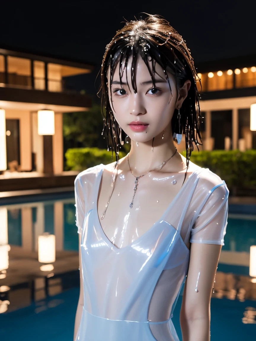 masterpiece:1.2, Very detailed, Ultra-high resolution, Realistic, photo Realistic:1.6, High-resolution RAW color photos, Professional photos, Sharp focus:1.2, Very detailed顔と肌の質感, Very beautiful eyes, Glossのある肌, Glowing Skin, Glowing Skin, Shining Face, Gloss, Oily skin, greasy face, Oily skin, greasy face,, real Glossのある肌 texture, Perfect Anatomy, Very detailed背景,(Luxury resort at night),1 female,2 woman, Japanese women,height: 168cm,short hair, Straight hair, bangs, Brown Hair,((Flat Chest:1.6)), (Sexy, gorgeous and elegant see-through super luxury dress),(A wet and very transparent dress:1.6),,Luxury earrings、Luxury Necklace、A wet and very transparent dress、A wet and very transparent dress