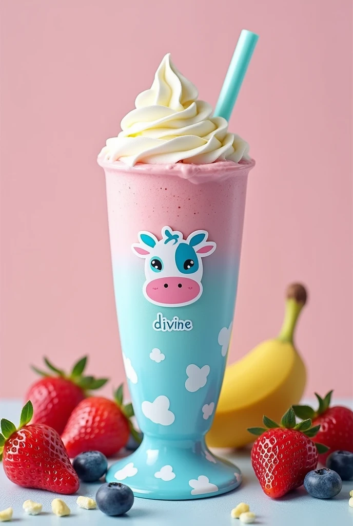 Milk shake marca milky moo, pink and baby blue vanilla milkshake, a little whipped cream on top, fresh fruit to accompany. (Cyan cute cow print economy packaging, in the center the milky moo logo and underneath it “divine” written