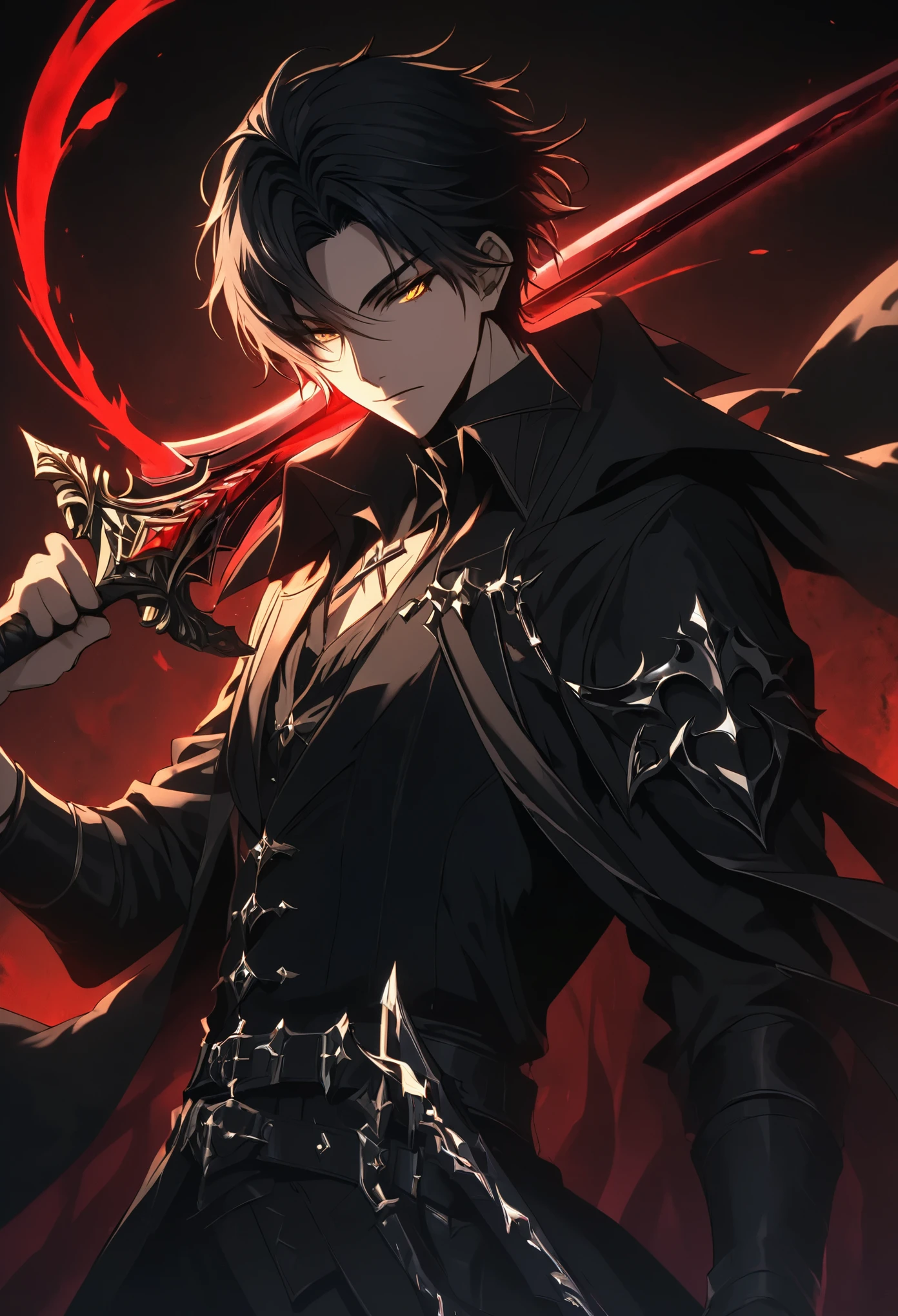 solo, handsome, 1 male, short hair, black hair, dark yellow eyes, dark shirt, black coat, dark fantasy, black sword with red aura