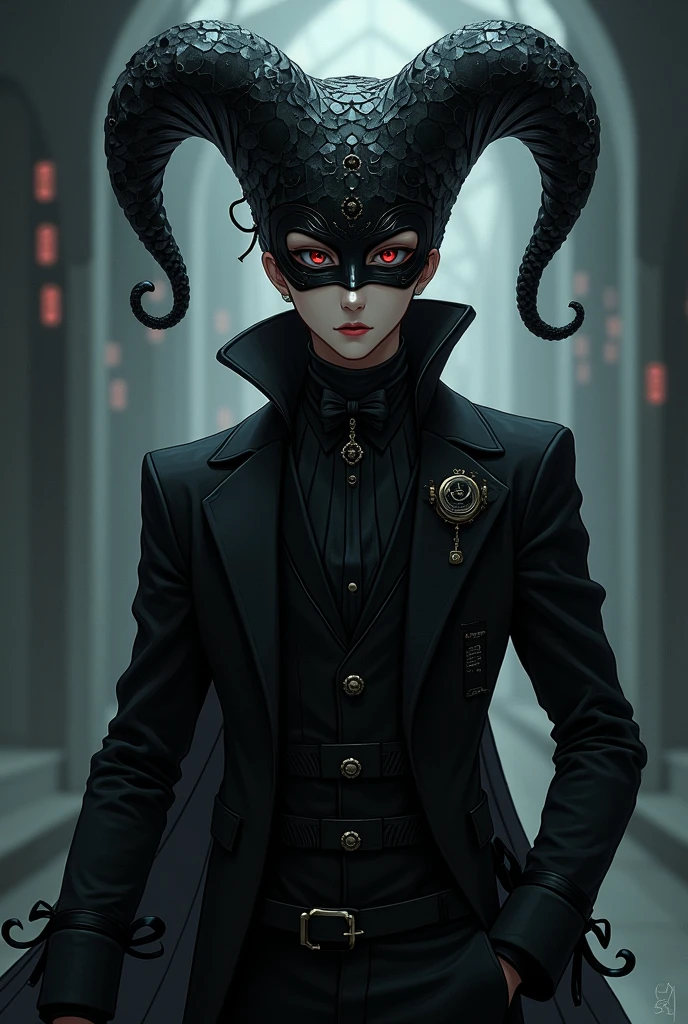 An anime guy in all black wearing a jester mask smiling