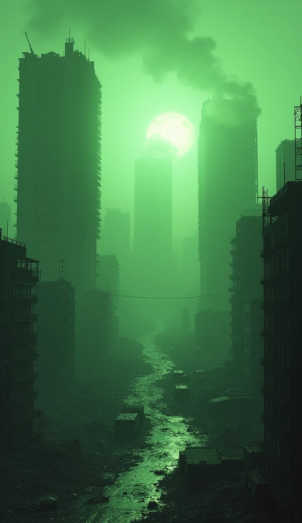 A ruined city filled with poisonous green smoke and nuclear explosions from war.,4K,HD,Realistic
