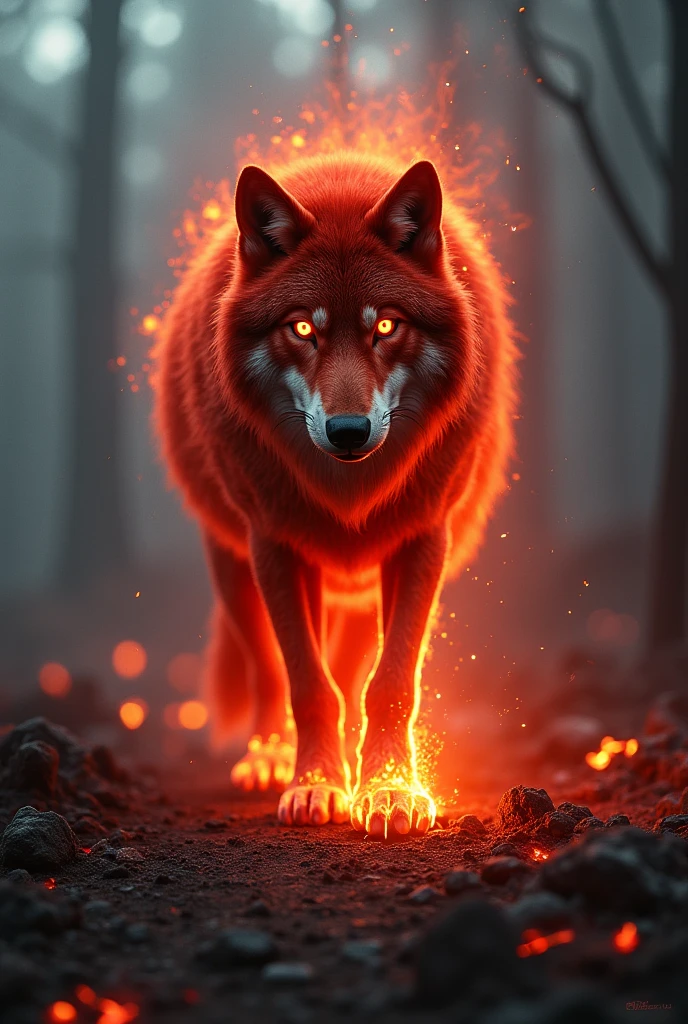 An evil red wolf on fire looks into the sight