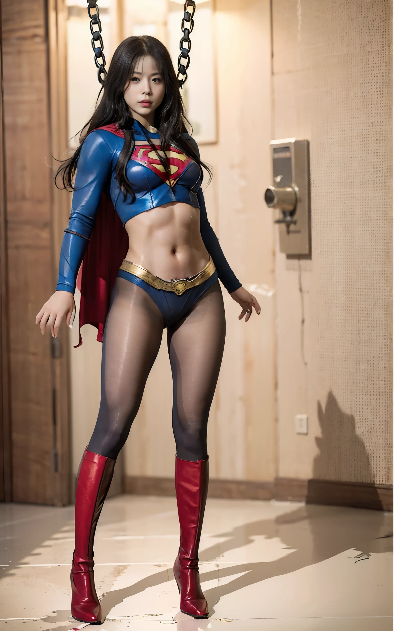 (((Make the most of your original images)))、(((Supergirl Costume)))、(((hang)))、(((close your eyes、Sleeping)))、((bra、weak legs))、(((Downward、Pushed down)))、((obtain))、((suffering))、((Doll condition))、((suffering))、(((Wear red gloves)))、(((Shiny black hair)))