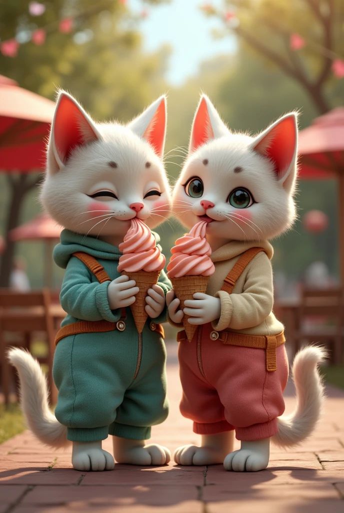 Realistic cat images。Two cats eating ice cream like humans。They seem like a couple。Wearing matching clothes。