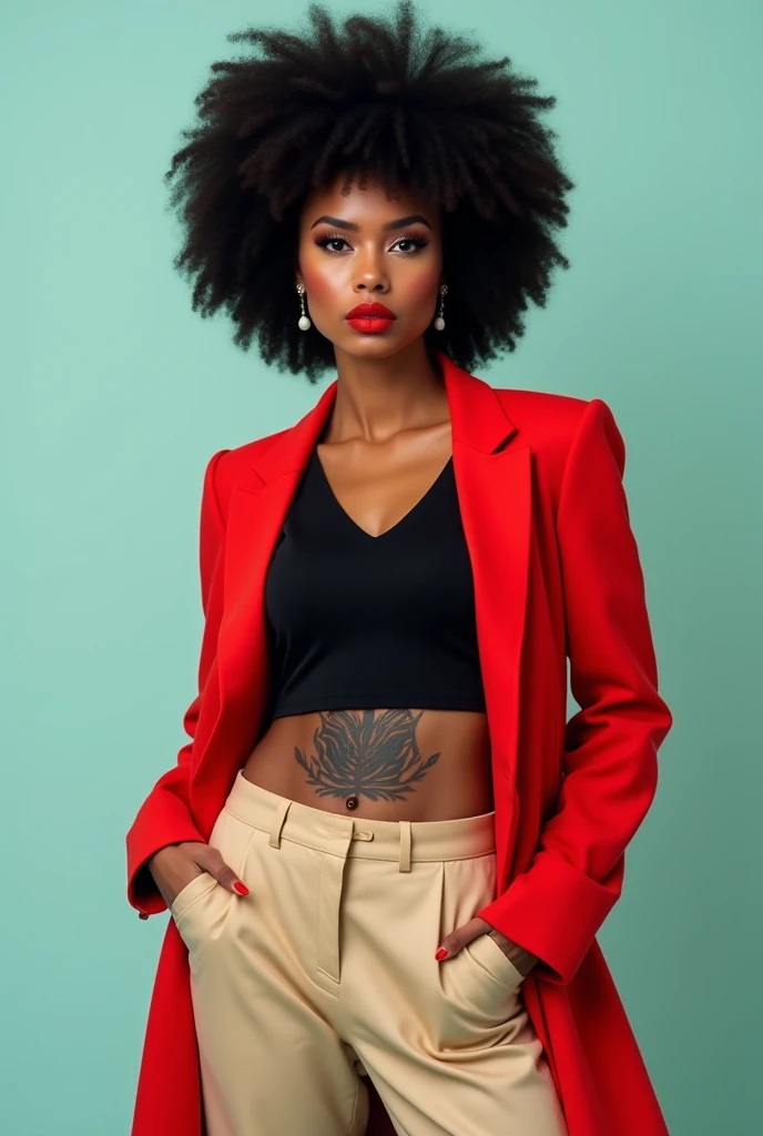 Subject - In the center of the image is a woman with a large curly afro hairstyle.Clothing - The woman is wearing a red coat, a black top, and beige high-waisted pants.Makeup - The woman has heavy eye makeup and uses red lipstick.Tattoos - The woman has a large tattoo on her abdomen.Expression - The woman's expression is serious and she is looking squarely at the camera.Background - The background is a pale blue-green hue that complements the subject.Overall Style - This image is a stylish, modern piece that could be used in fashion or art.