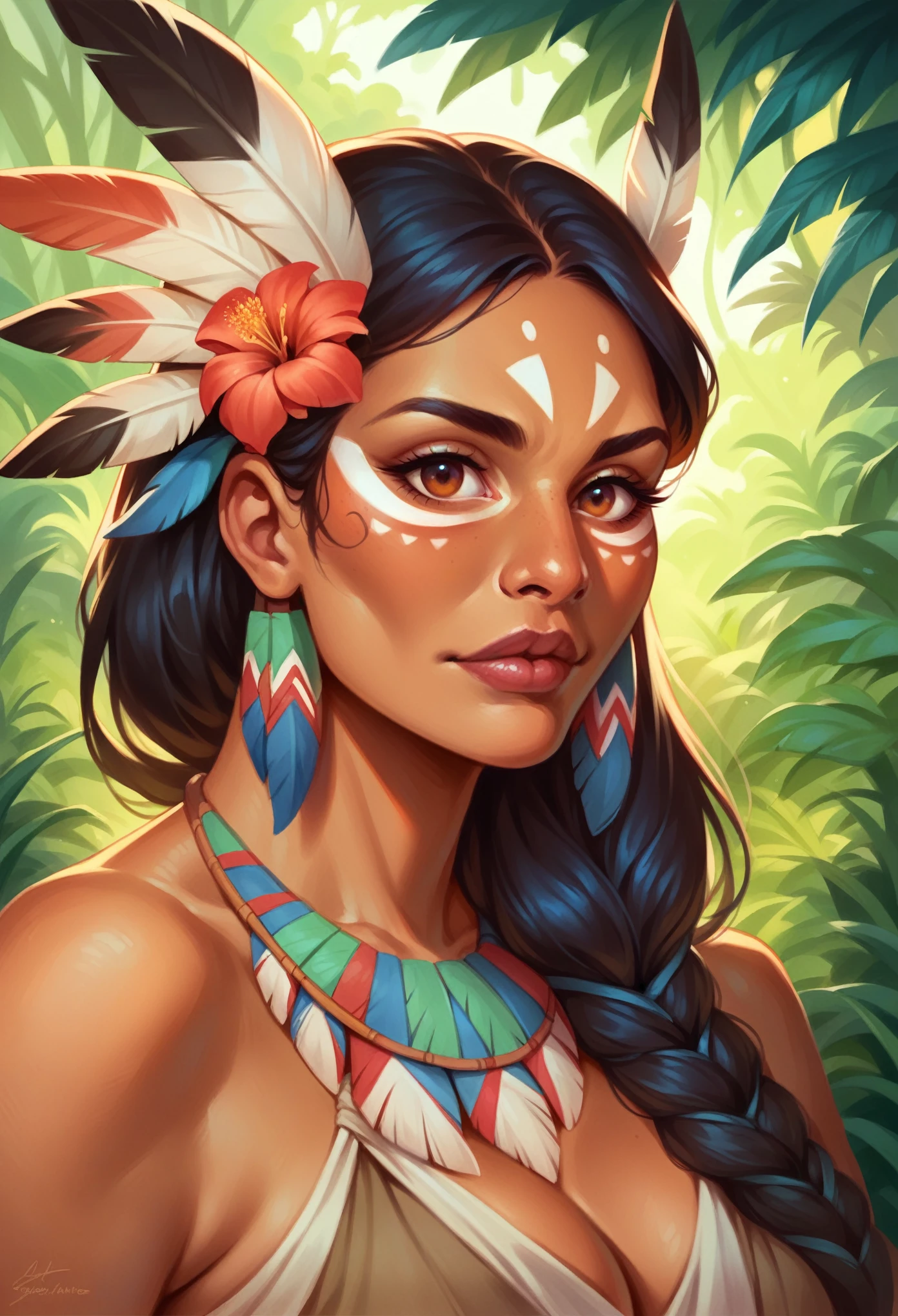 Very beautiful native american woman, traditional cloths, Sharp focus, hyper realistic, evening sunshine, jungle, close-up,