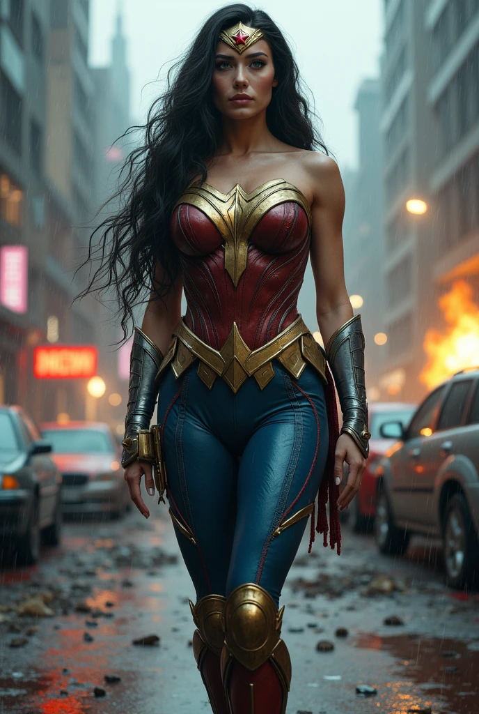 A beautiful woman under the mantle of the Amazon warrior Wonder Woman has long hair, black with a silver metal diaema this Diaema wears a red star on her forehead,His eyes are light blue. Her superheroine costume is samurai themed.. Her costume usually includes a blue jumpsuit and a gold armor top over her jumpsuit on her knees screaming exhausted after an extensive battle blood around her in an apocalyptic and rainy city cars and buildings on fire