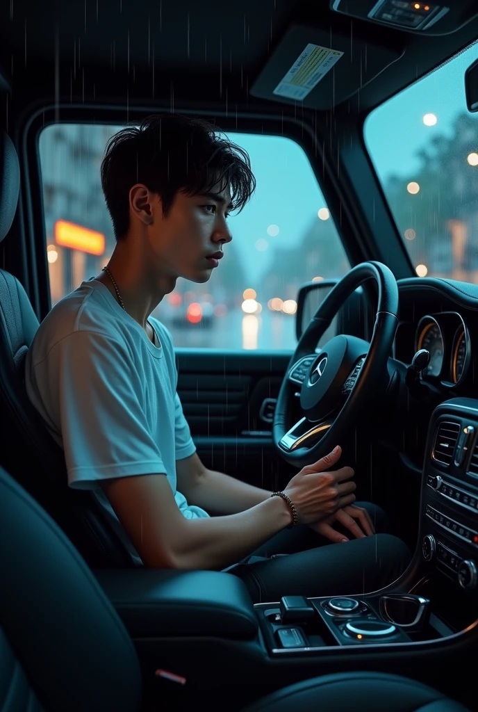 23 year old boy wearing casual white shirt hands coughed with veiny hands. Sitting in black g wagon at night raining