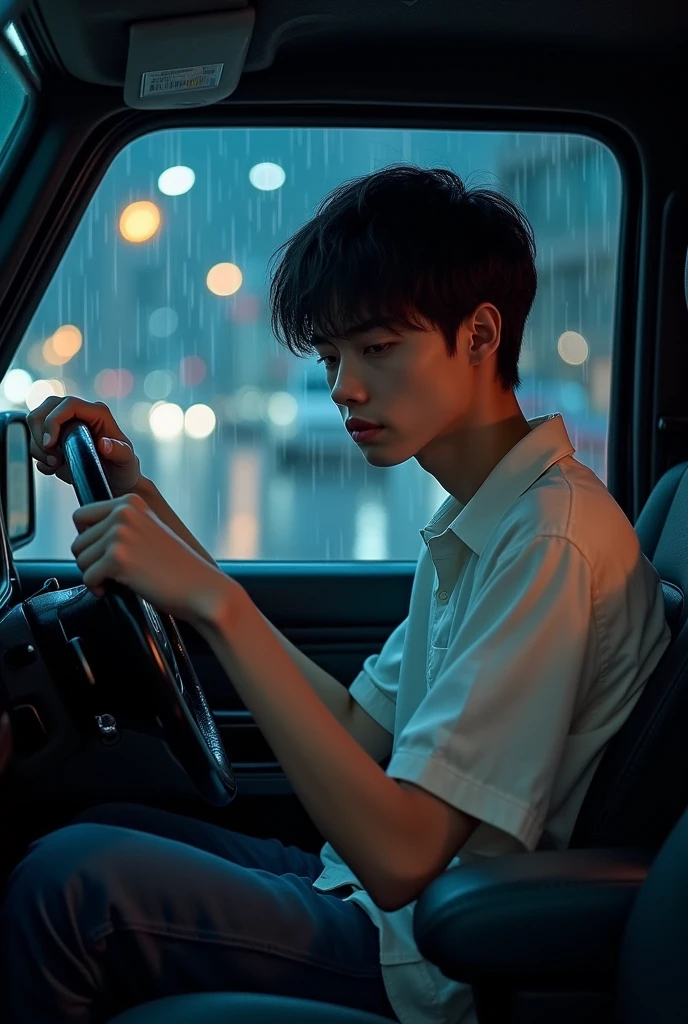 23 year old boy wearing casual white shirt hands coughed with veiny hands. Sitting in black g wagon at night raining 