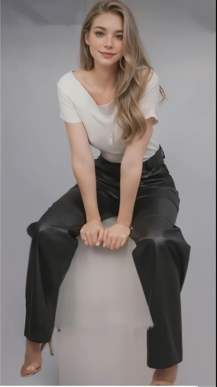 Face of a woman, americana, age 25, pale skin and freckles, grey-eyed, delicate nose, soft and delicate lips, Long Wavy Gray Blonde Hair, Sweet smile, loose and full hair