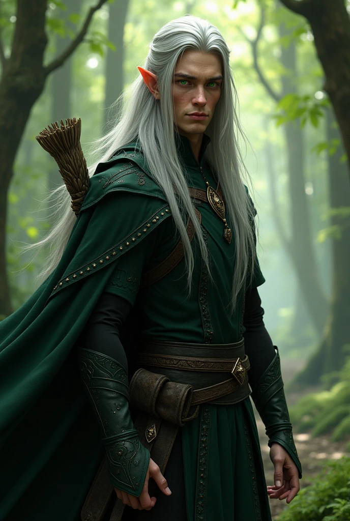 Create an image of a male wood elf of the ranger class, dressed in black. He has long silver hair that falls softly over his shoulders. His eyes are piercing green, reflecting his deep connection with the forest. His skin is fair and has a greenish tint, a result of his life in the magical forest of Eimwood.