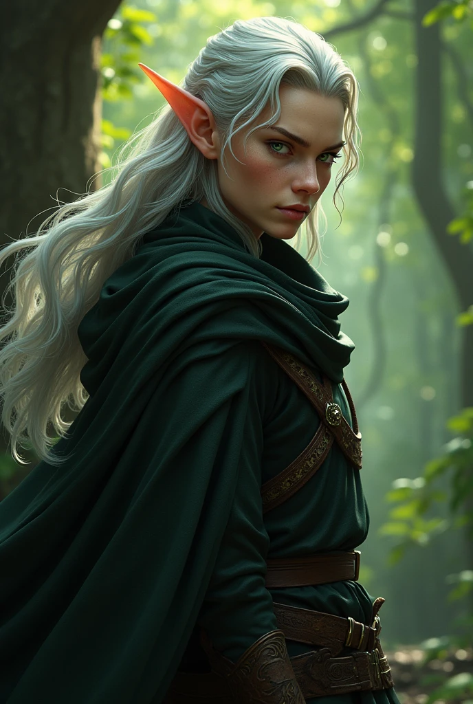 Create an image of a male wood elf of the ranger class, dressed in black. He has long silver hair that falls softly over his shoulders. His eyes are piercing green, reflecting his deep connection with the forest. His skin is fair and has a greenish tint, a result of his life in the magical forest of Eimwood.