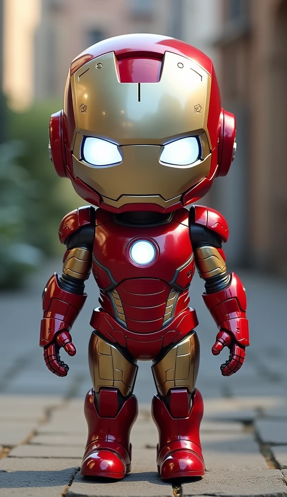 The head of an iron man, the body shape of a human, a pair of big shining eyes, the face and body facing me, full body photo, Q version cute character
