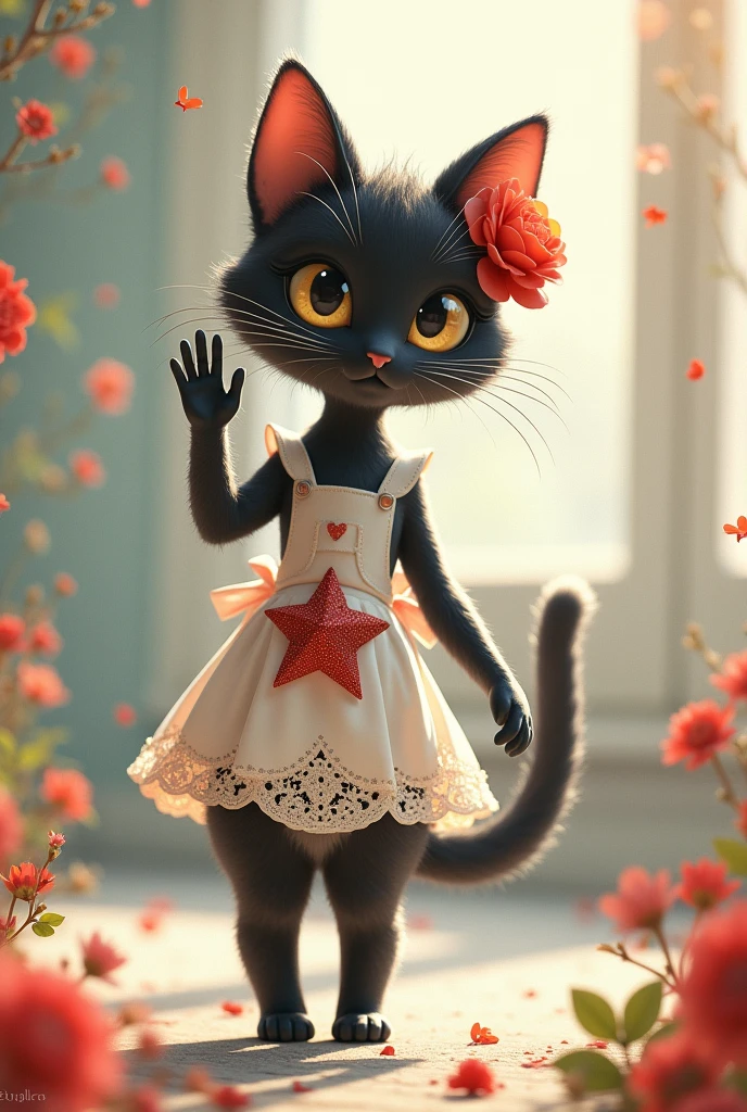 Very cute slender black female cat, There&#39;s a red flower in her ear, Stand and wave, The red star on her belly, Lace apron from the waist down, White Tail, Pastel colored fluffy, Glitter effect