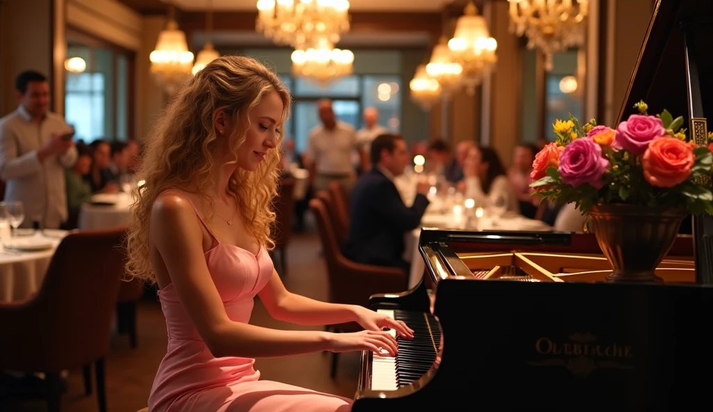 In a luxurious high-end steakhouse,There is a player grand piano with wooden accents and ornate chandeliers,A candlestick and a low pot of multi-colored flowers are placed on the piano。Customers enjoying delicious food,Waiters shuttle among them。A young female pianist is playing jazz,light smile,She has long blond curly hair,There is a sea on the forehead,She is wearing a pink spaghetti strap evening gown,The surrounding air is filled with warm, cinematic tones,Shallow and deep field blurs elegantly compose images,Perfectly capturing the sophisticated ambience of this high-end dining venue。