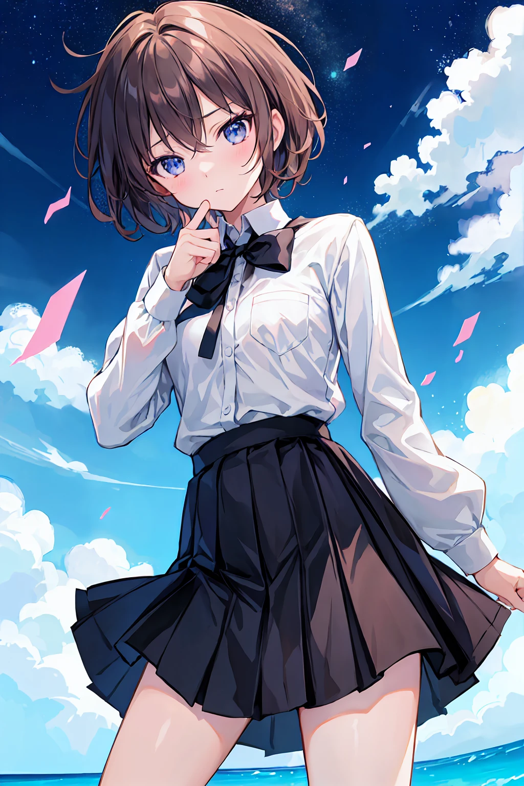 Super high quality by the art god, Very detailed, High resolution, Shinkai Makoto style, Anime Moe Art Style, best anime 8k konachan wallpaper, pixiv Contest Winner, Perfect Anatomy, break,(眠そうにalone学校へ歩いていくを描いてください. ),break, Surreal school girl, (alone,,child,1:1.3),Complete limbs, Full Finger,Middle school students, The charm of androgyny, (Very short hair), Messy Hair, Flat Chest, Small Ass, between legs, Small eyes,Beautiful and exquisite black eyes, Well-proportioned iris and pupil, Disgusted Eyes, High resolutionの詳細な髪, school uniform, skirt, School zone. break,Very detailed肌, Best lighting by famous artists, 8k, figure,,Her captivating grey-blue eyes shine like stars,Brown Hair,Shortcuts,Messy Hair,Slender beauty,A dignified posture,Small chest,Beautiful feet