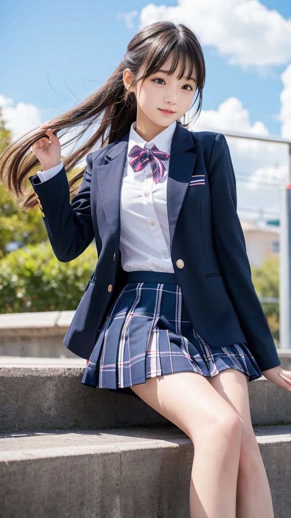 cute、high school girl、Idol、uniform、blazer、mini skirt、See-through、Fluttering in the wind、sit