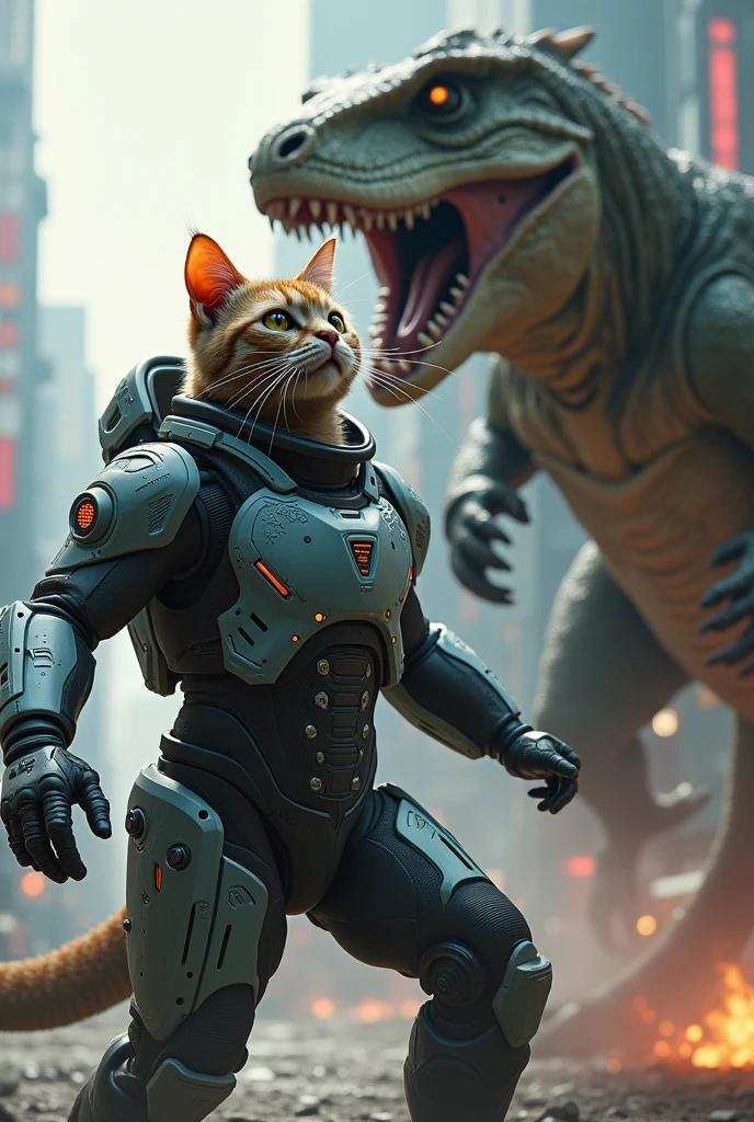 cat wear cosmo robotic suit fight with giant lizard with waybig