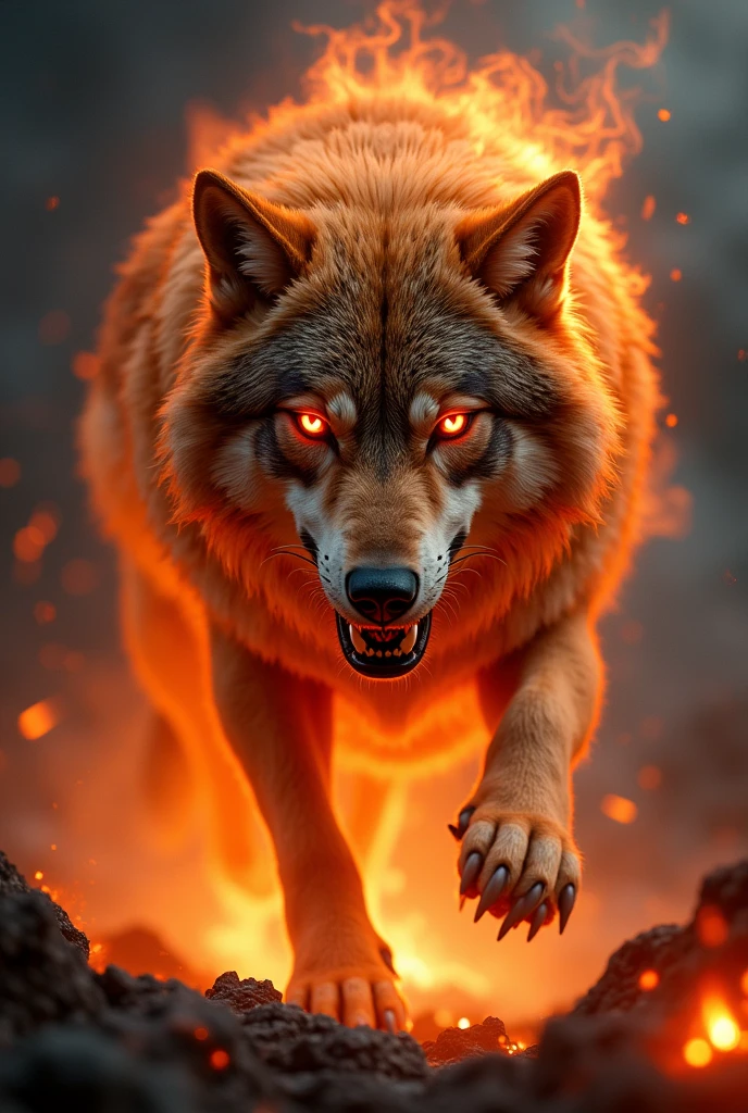 The evil wolf on fire looks into the sight