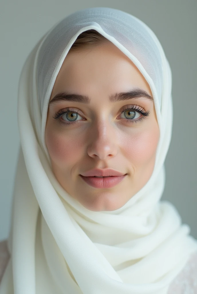 Imagine white hijab girl in passport size front picture with simple blue background