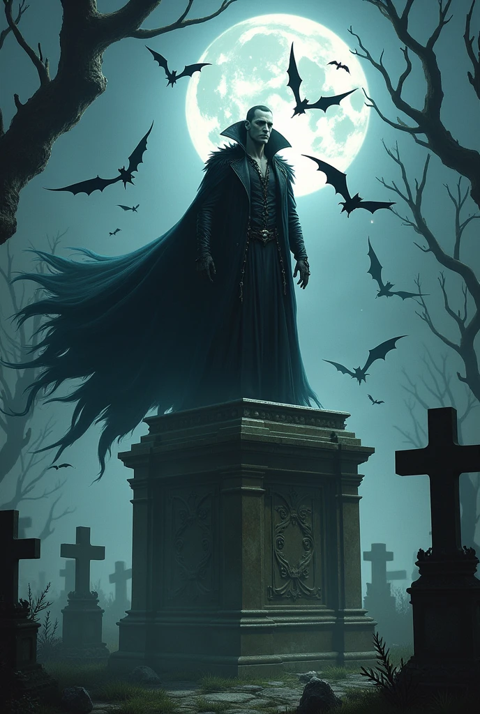 A vampire on top of a tomb with bats around