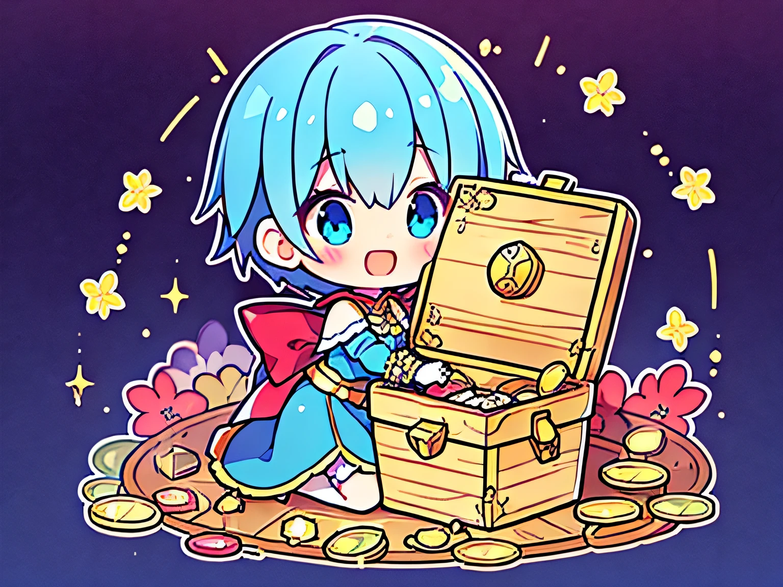 solo, fullbody, blue pixie cut, worried, mithril armor,Open the treasure chest to find jewels、Gold coins、joy、happy smile,