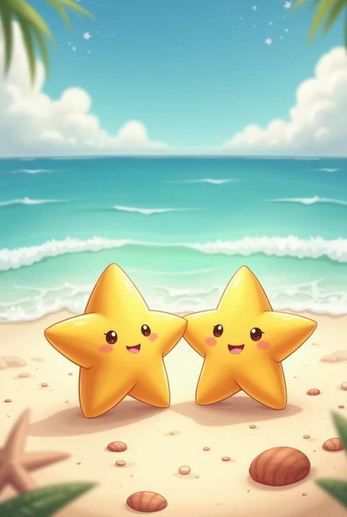 Create a cute little star and another little man star , on a beautiful beach with hands together looking at the beach happily