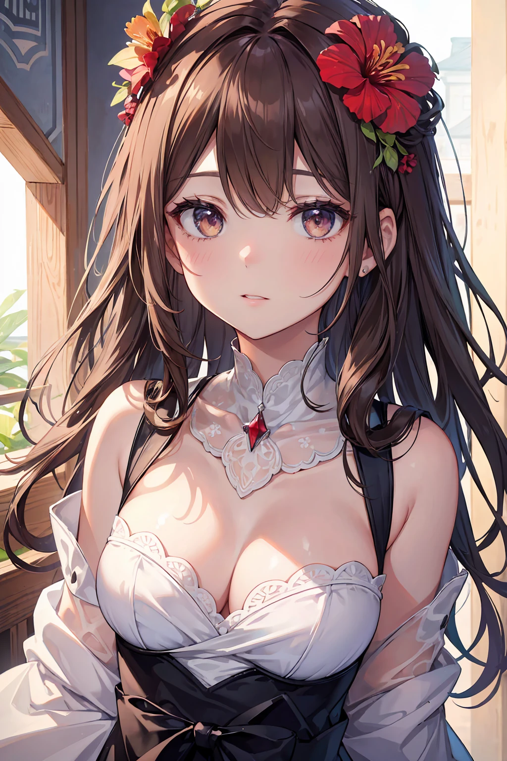 ((Highest quality)), ((masterpiece)), (detailed), Perfect Face, ((Highest quality, 8k, masterpiece: 1.3)), Sharp focus beautiful woman, Highly detailed face and skin texture, detailedな目, double eyelid, She had a big flower in her hair, hibiscus, Phalaenopsis orchid, Dahlia, Brown Hair, Low Twin Blade, From above, Cowboy Shot, Underarm