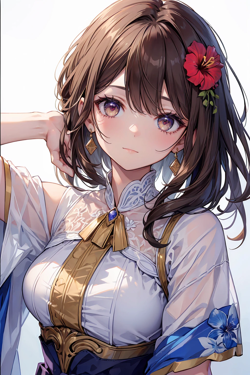 ((Highest quality)), ((masterpiece)), (detailed), Perfect Face, ((Highest quality, 8k, masterpiece: 1.3)), Sharp focus beautiful woman, Highly detailed face and skin texture, detailedな目, double eyelid, She had a big flower in her hair, hibiscus, Phalaenopsis orchid, Dahlia, Brown Hair, Low Twin Blade, From above, Cowboy Shot, Underarm