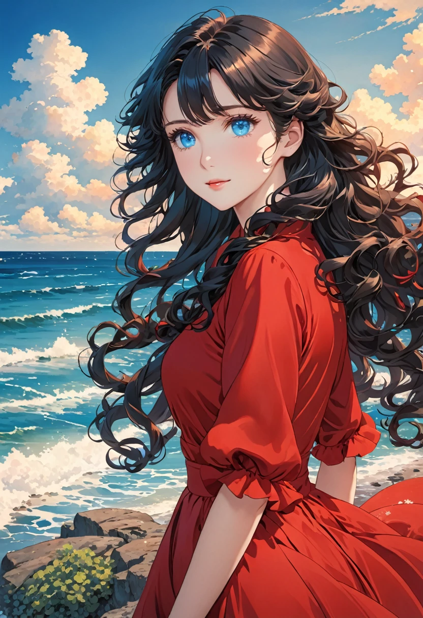 Anime image of a girl. Long black hair. Blue eyes. Near the sea. Curly silky hair,red dress,
