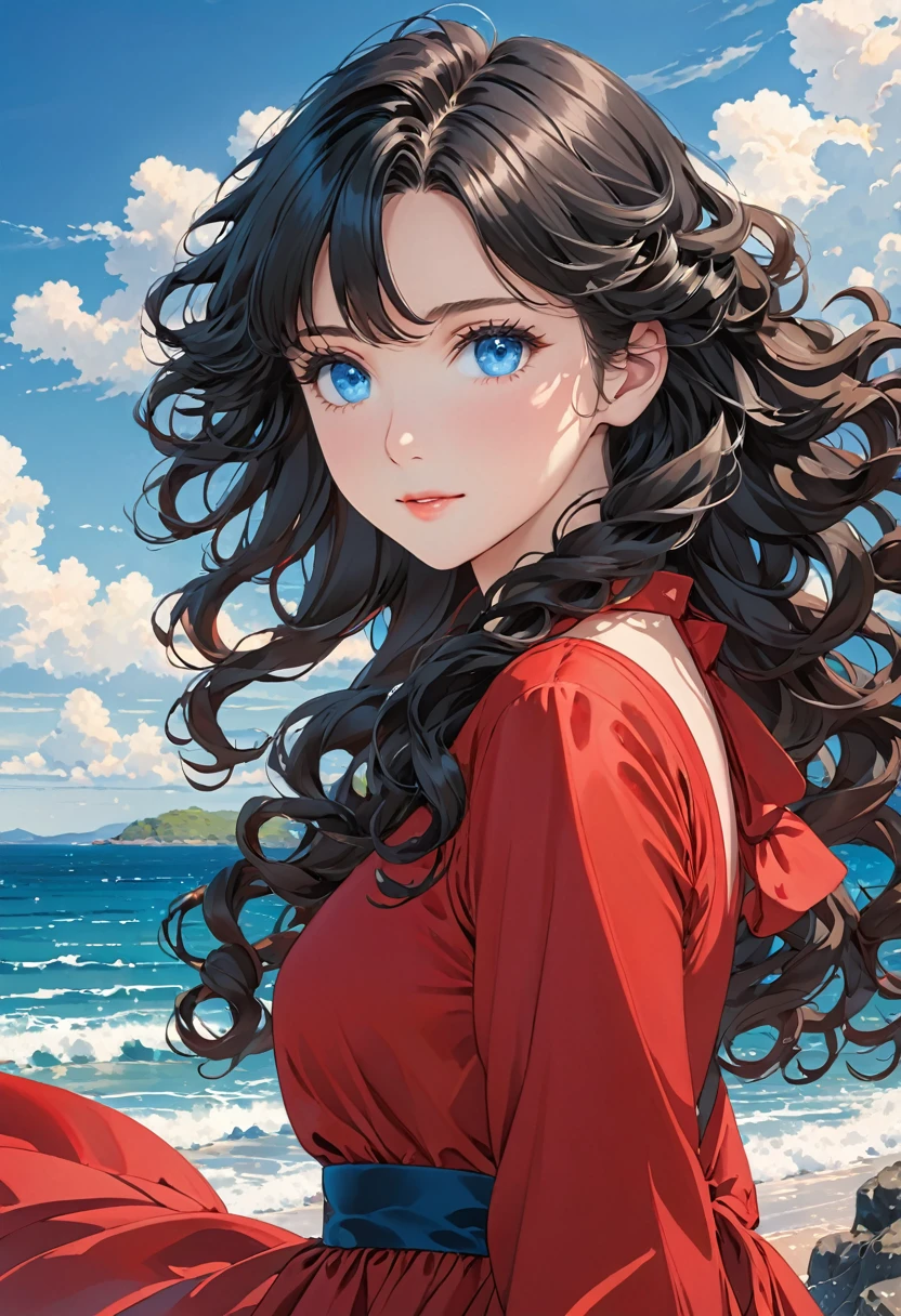 Anime image of a girl. Long black hair. Blue eyes. Near the sea. Curly silky hair,red dress,