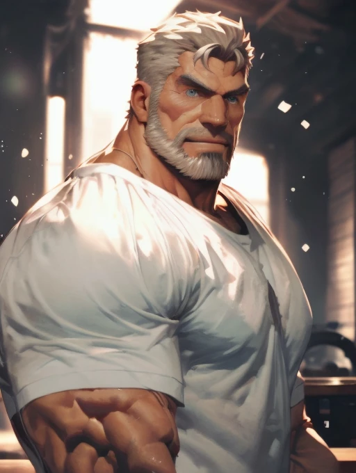 1man, handsome, middle-aged man, smirk, muscular, wearing white t-shirt, redefined, aesthetic, Closer distance face, Closer distance head, his Closer distance pressing against me, hd, high quality, 8k Resolution 