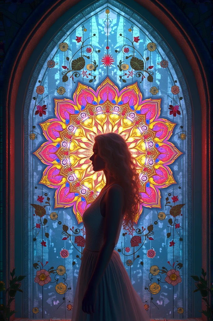 (masterpiece, best quality), 8K,(((Very detailed))), Race:1.8,Super intricate Race pattern,colorful Race pattern,Stained glass background transparent body, Mandala,Light Up,cold, 1 female,,(curls,Blonde),