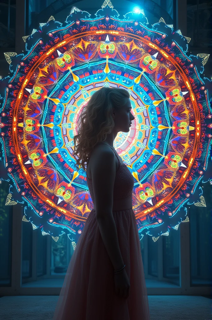 (masterpiece, best quality), 8K,(((Very detailed))), Race:1.8,Super intricate Race pattern,colorful Race pattern,Stained glass background transparent body, Mandala,Light Up,cold, 1 female,,(curls,Blonde),