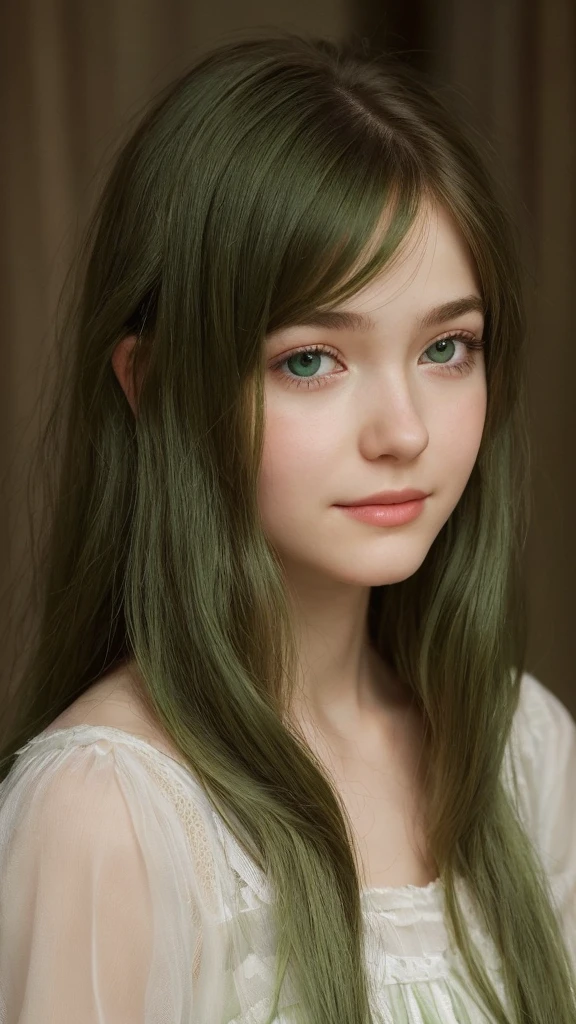 a girl. European. Extremely detailed face. Oval face. Delicate facial features. Half-closed eyes. gentle. Long straight hair. Messy hair. Bangs. Green hair. Green eyes. Pensive. Melancholic. Ethereal. Innocent. very bright smile