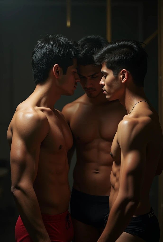 a young indian boy, 2 boys in black and red color underwear, detailed facial features, beautiful eyes, detailed lips, detailed skin, muscular bodies, sensual poses, intimate moment, chiaroscuro lighting, cinematic composition, dramatic shadows, moody atmosphere, romantic, dark fantasy, highly detailed, 8k, photorealistic, masterpiece